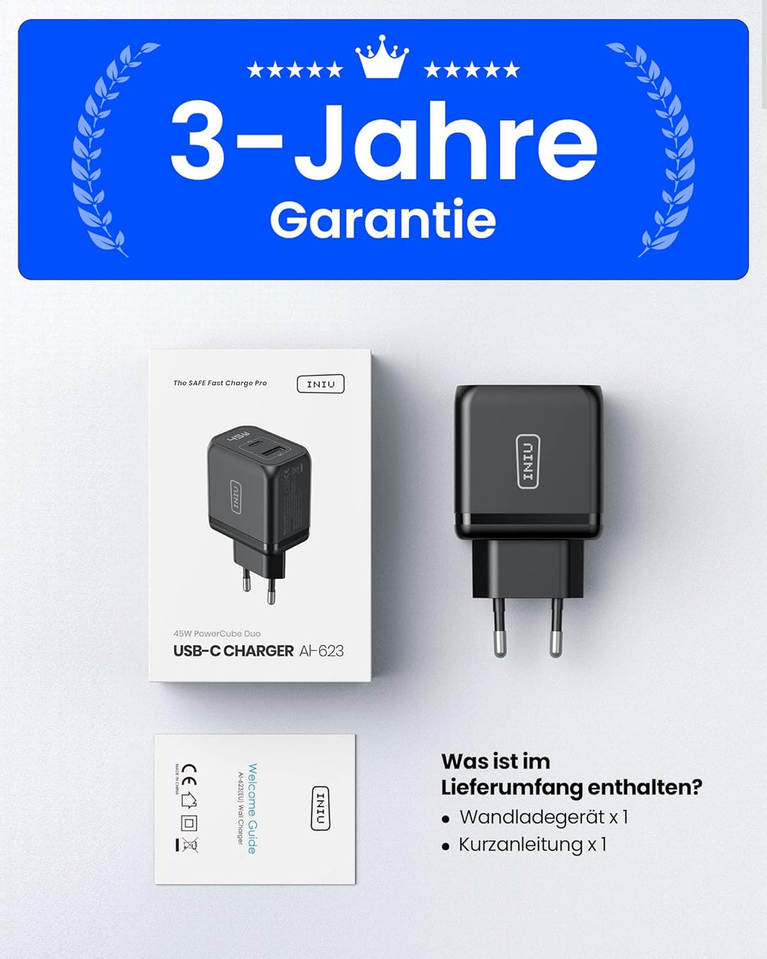 INIU USB C Ladegerät 45W, 2-Port USBC Netzteil Steack Adapter GaN II Tech Schnellladegerät PD Charge