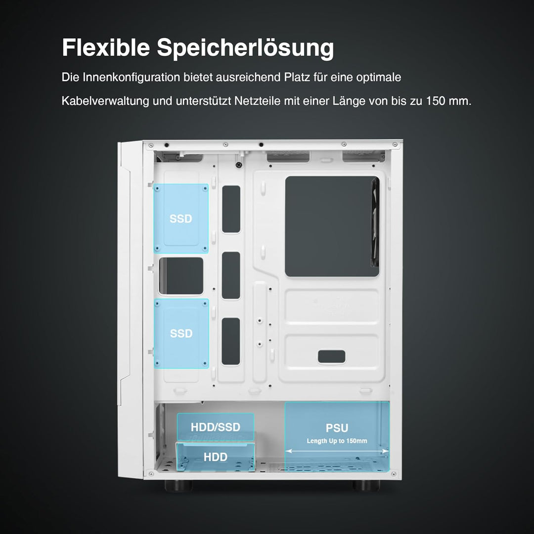 GAMDIAS Talos E3 Mesh WH Gaming PC-Gehäuse, Mid-Tower ATX-Gehäuse mit seitlicher gehärteter Glassche