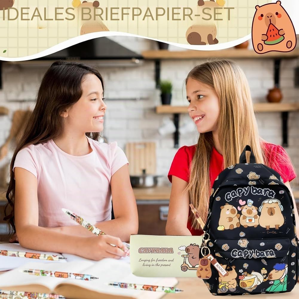 Capybara Rucksack Set - Schulrucksack Grosse Kapazität mit Capybara Federmäppchen, Stiften & Schlüss