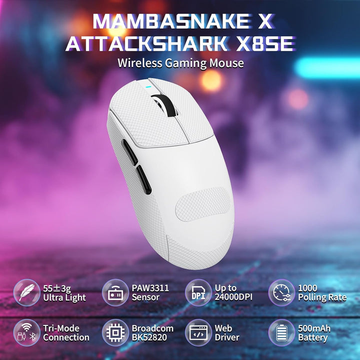 MAMBASNAKE X Attack Shark X8SE 55g ultraleichte kabellose Gaming-Maus mit Band–25000 DPI,PAW3311 Sen