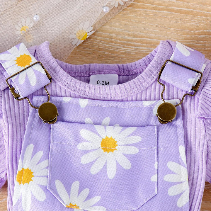 Neugeborenes Mädchen Kleidung Gänseblümchen-Aufdruck Gerüschtes Oberteil mit Hosenträgerhose und Tas