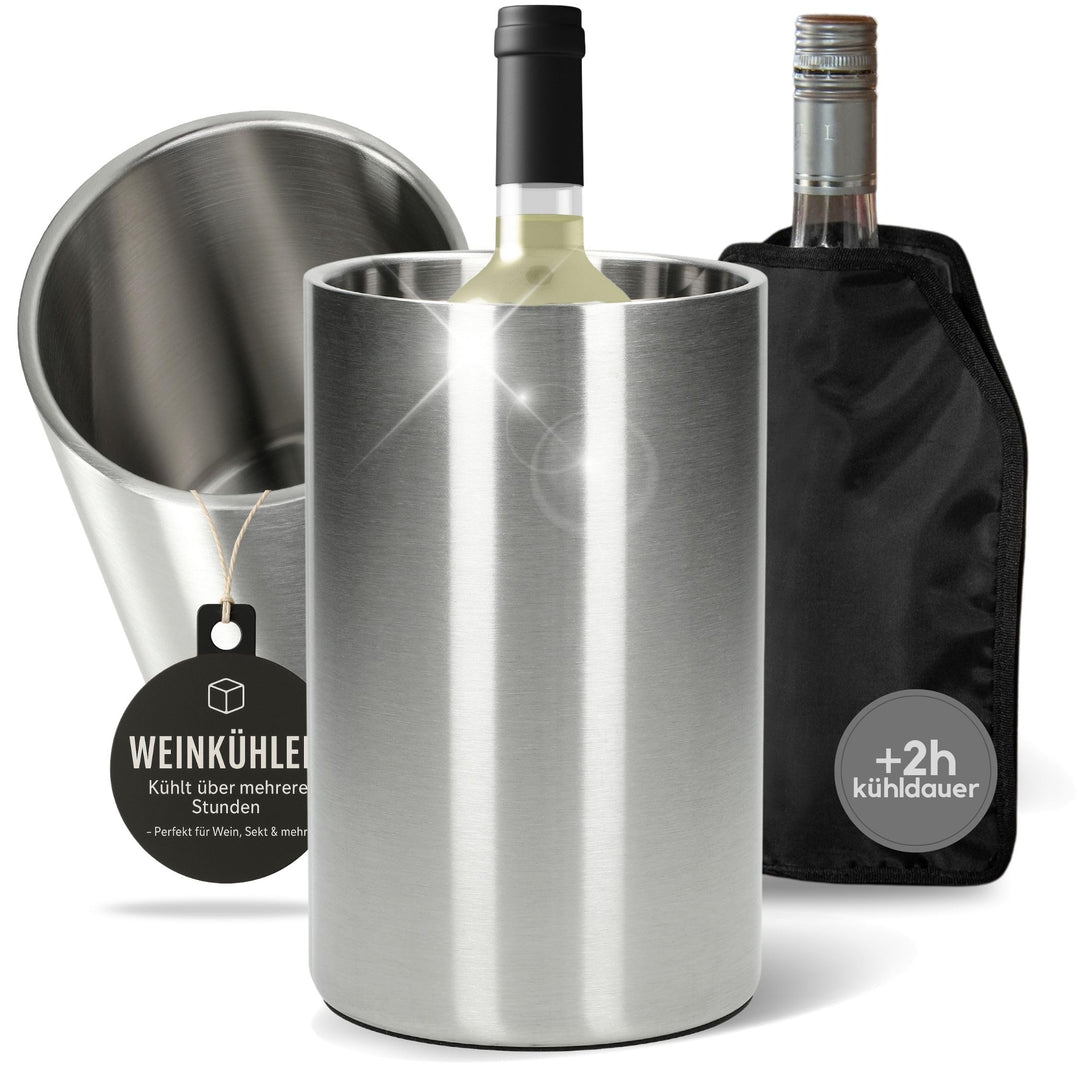 Weinzubehör 2er Set 'Chill & Style' - 1x Doppelwandiger Flaschenkühler aus Edelstahl Ø10cm - 1x Kühl