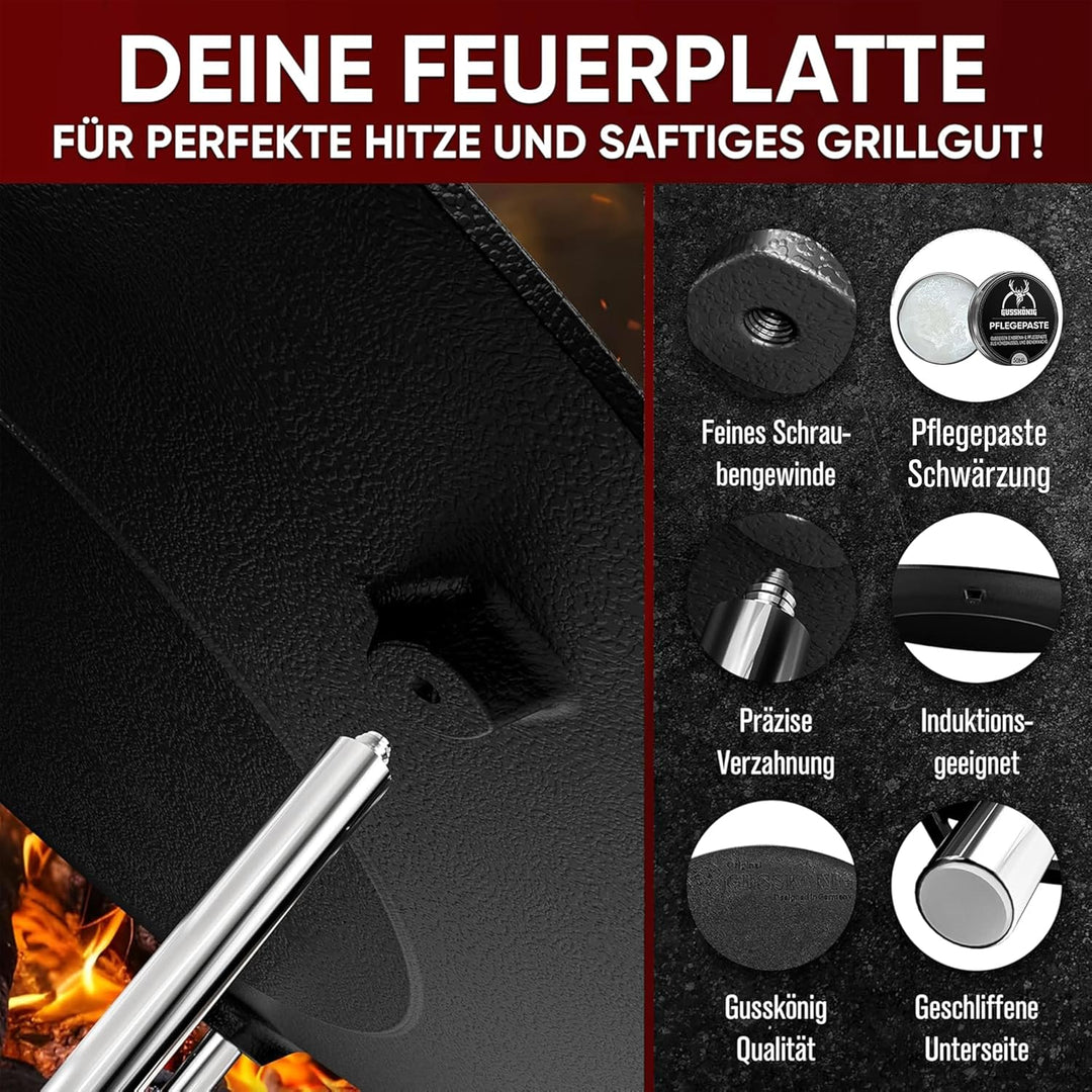 Gusseisen Grillplatte (Ø 42 cm) mit 3 Edelstahl-Beinen – Dutch Oven Grillplatte Rund – Dreibein Gril