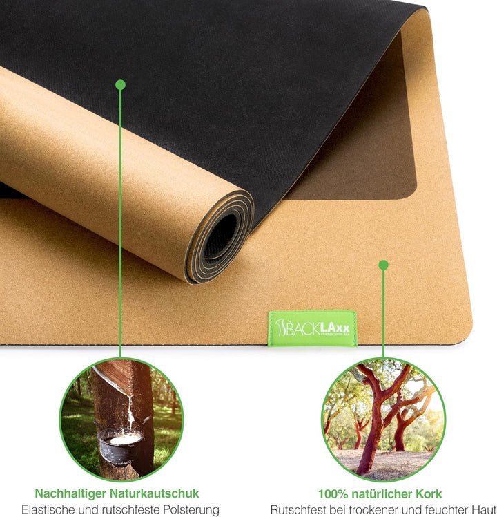 BACKLAXX® Yogamatte Kork mit Naturkautschuk | FAZ Testsieger 04/2026 | Yoga Matte Kork nachhaltig |