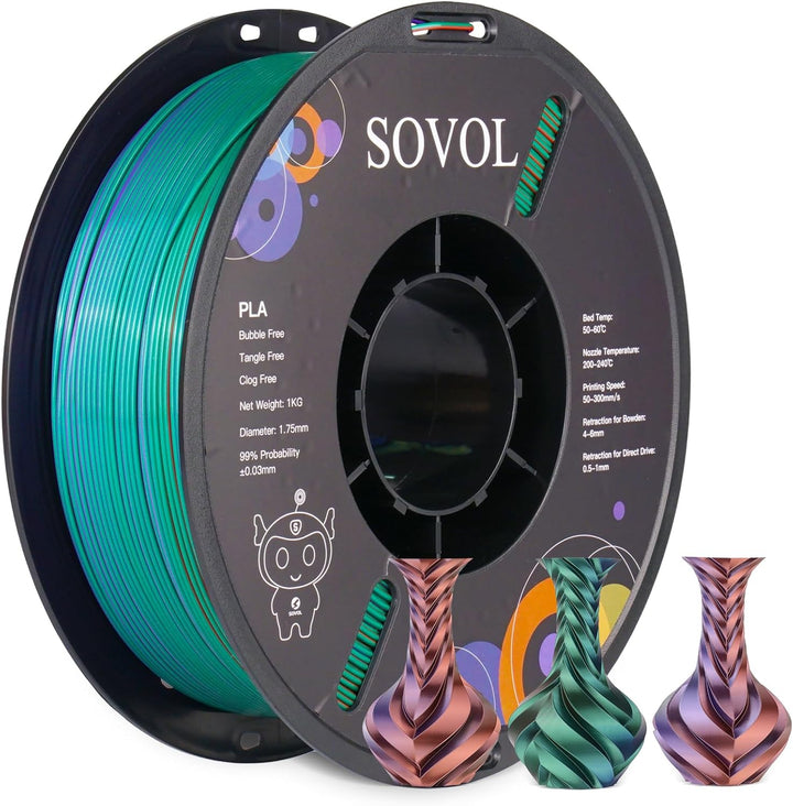 Sovol Tri Color Silk PLA Filament 1.75mm, 3D Drucker Silk Filament 1kg (2.2LBS), Seiden Bronze/Lila/