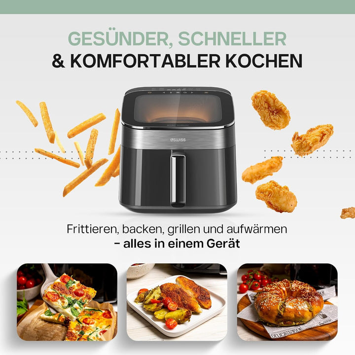 4SWISS Heissluftfritteuse mit Sichtfenster 6,5L, Airfryer XL 1700W mit 12 Programme, 180°C in 1,44 M