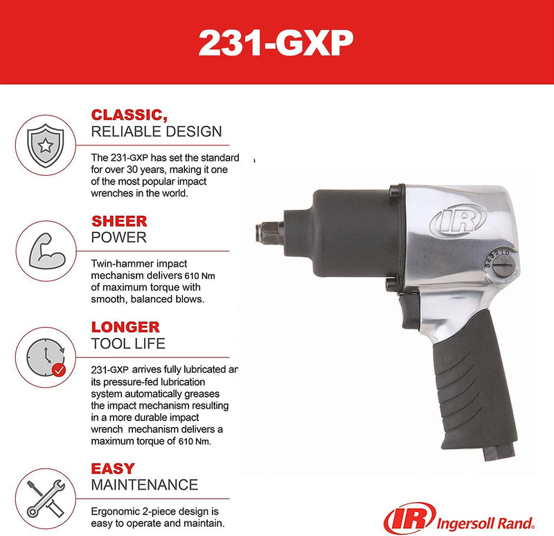 Ingersoll Rand Druckluft Schlagschrauber 231GXP-K, mit 610 Nm Drehmoment, Steckschlüsselset mit 10 N