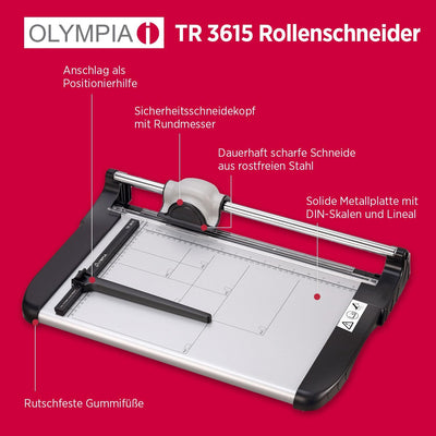 Olympia TR 3615 Rollen-Schneidemaschine (DIN A4, 15 Blatt, Positionierhilfe, Stapelschneider für Pap