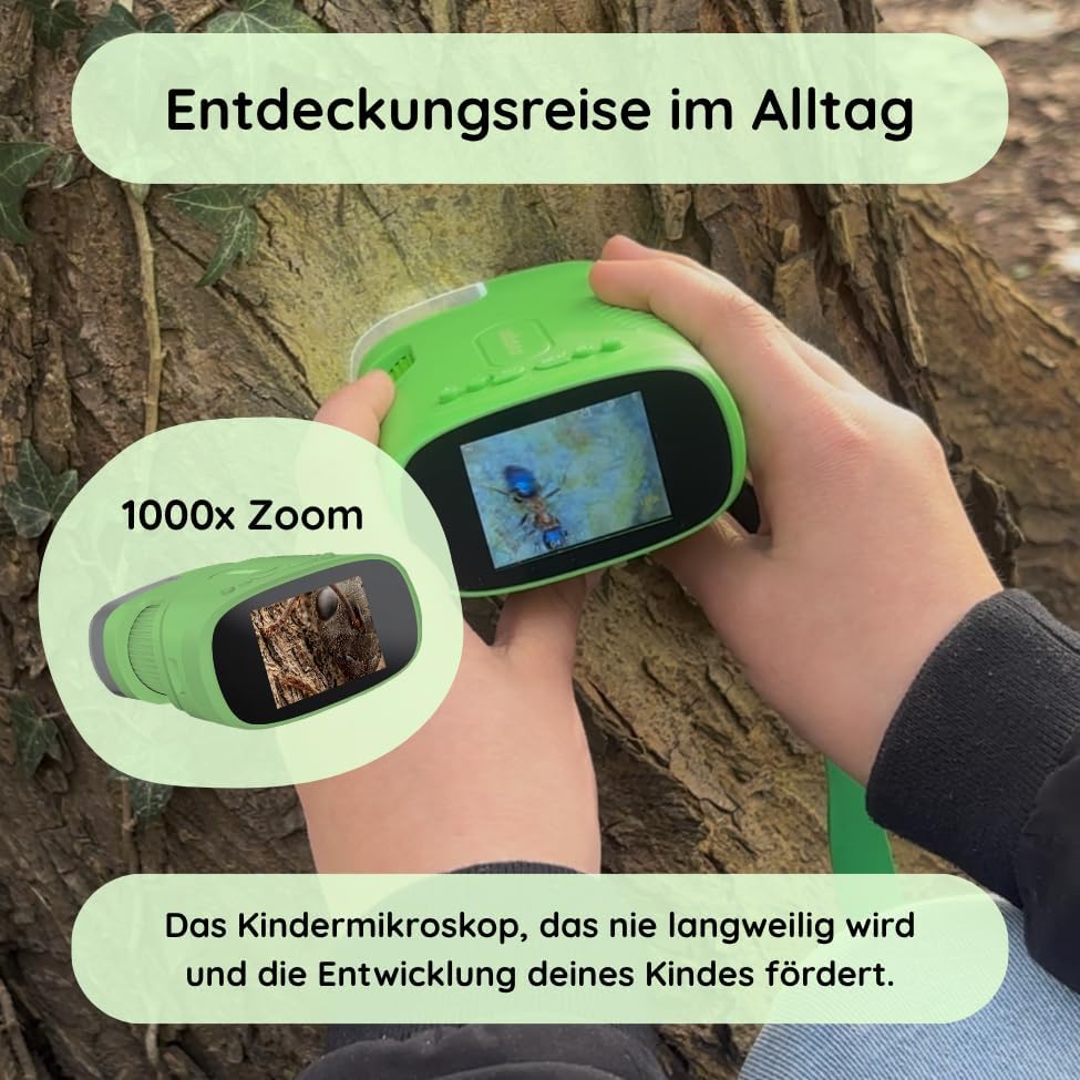 Rabano Tragbares Kinder Mikroskop, 1000x Zoom und HD-Bildschirm, Digitales Mikroskop Kinder für Expe