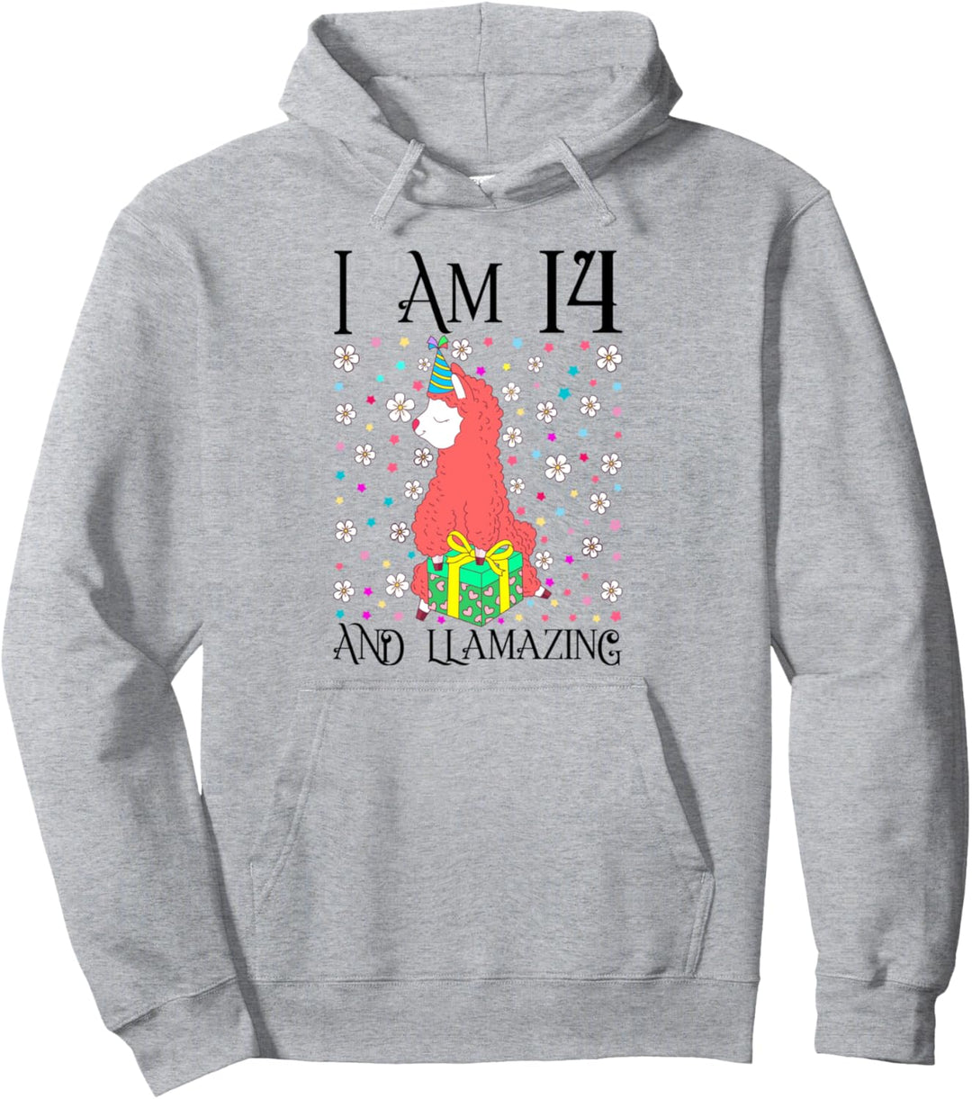 Kids I am 14 and LLamazing 14th Llama Birthday Party Gift Pullover Hoodie