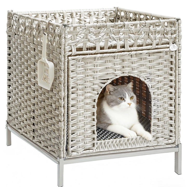 Homegroove Katzenschrank für Katzentoilette, Grau | Verstecktes Katzenklo Möbel, Handgeflochtenes Ra