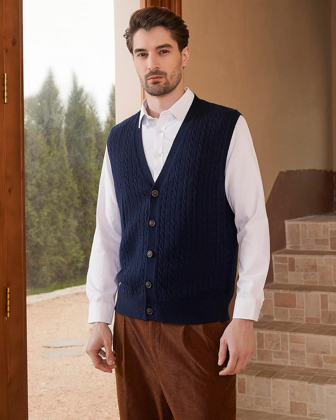Kallspin Herren Strickweste Ärmellos Cardigan Wollmischung mit Zopfmuster und Knöpfen L Marineblau,