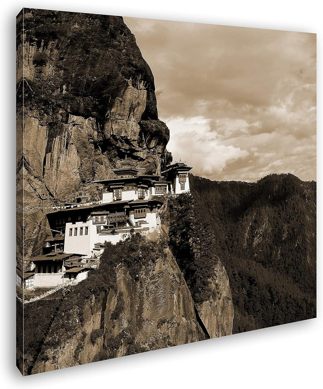 deyoli berühmtes Tigernest Kloster im Himalaya im Format: 70x70 Effekt: Sepia als Leinwandbild, Moti