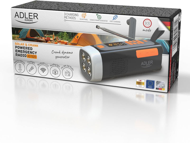 Adler AD 1920 Notfallradio mit Solarpanel Handgenerator und Powerbank 4500mAh FM AM SW Bluetooth 5.0