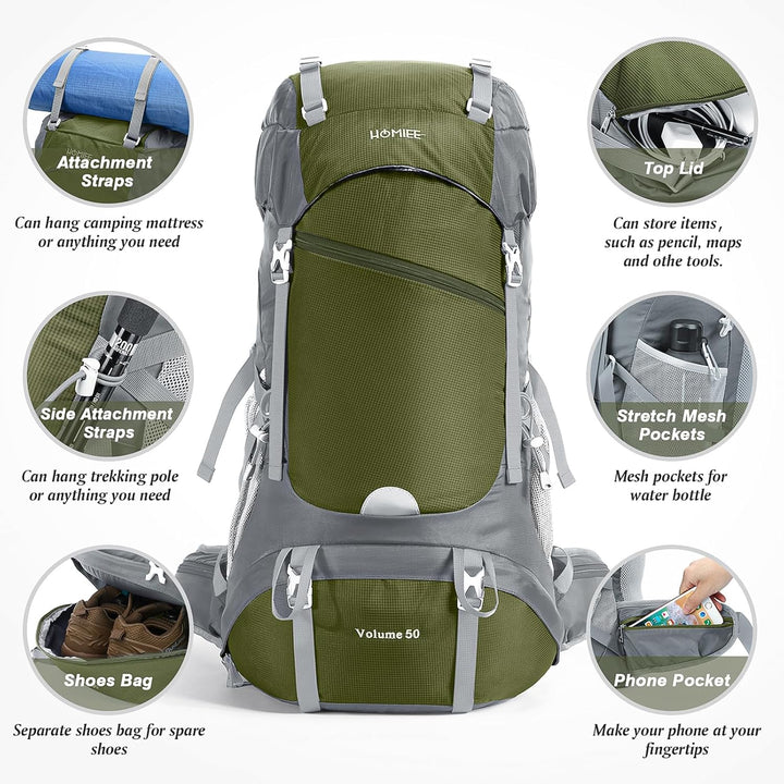 HOMIEE Wanderrucksack 50L, Herren Damen Wasserdichter Trekkingrucksack Reiserucksack Outdoor Wandern