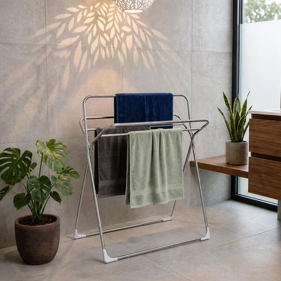 Relaxdays Handtuchständer, HxBxT: 106,5 x 78,5 x 34,5 cm, Edelstahl, 5 Stangen, stehender Handtuchha