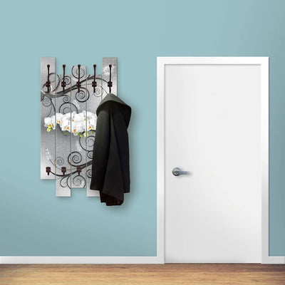 ARTLAND Wandgarderobe Holz mit 8 Haken 63x114 cm Design Garderobe Paneel mit Motiv Orchideen Blumen