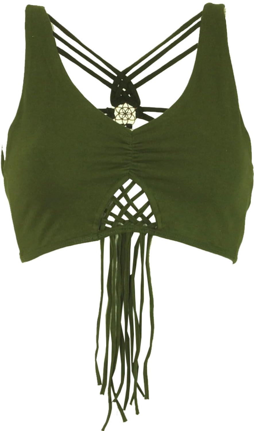 GURU SHOP Goa Psytrance Bikini Top, Top, Pixi Top, Fransentop, Damen, Baumwolle 36 Olive, 36 Olive