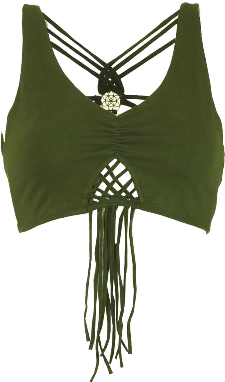 GURU SHOP Goa Psytrance Bikini Top, Top, Pixi Top, Fransentop, Damen, Baumwolle 36 Olive, 36 Olive