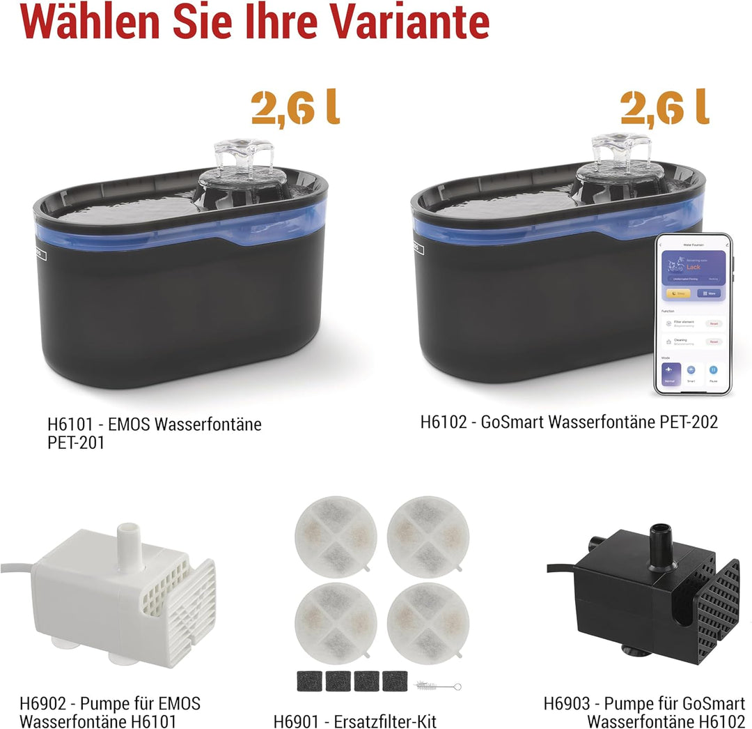 EMOS - GoSmart Katzenbrunnen 2,6 l mit Filtrationssytem - WLAN Pet Care Trinkbrunnen für Hund und Ka