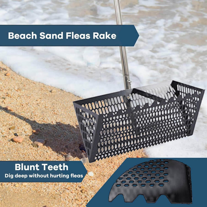Sand Flohrechen Set, Edelstahl Strand Sandsieb mit 15,8 Zoll Haifischzahn, breiter Korb, Kohlenstoff