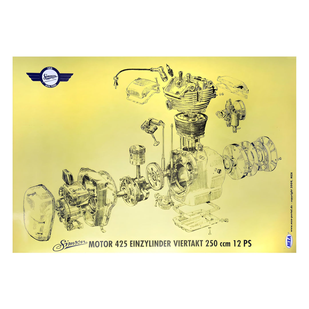 Explosionsdarstellung Farbposter (72x50cm) Motor 425 - Einzylinder Viertakt 250ccm mit 12 PS - passe