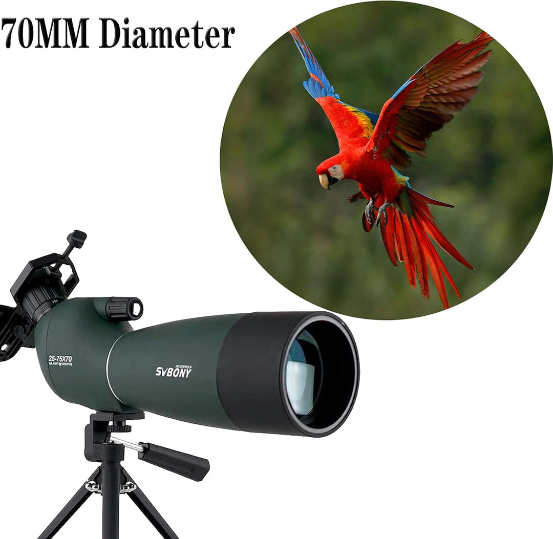 SVBONY SV28 Spektiv mit Stativ, abgewinkelt, 25–75 x 70 mm, Spotter mit Handy-Adapter, wasserdicht,