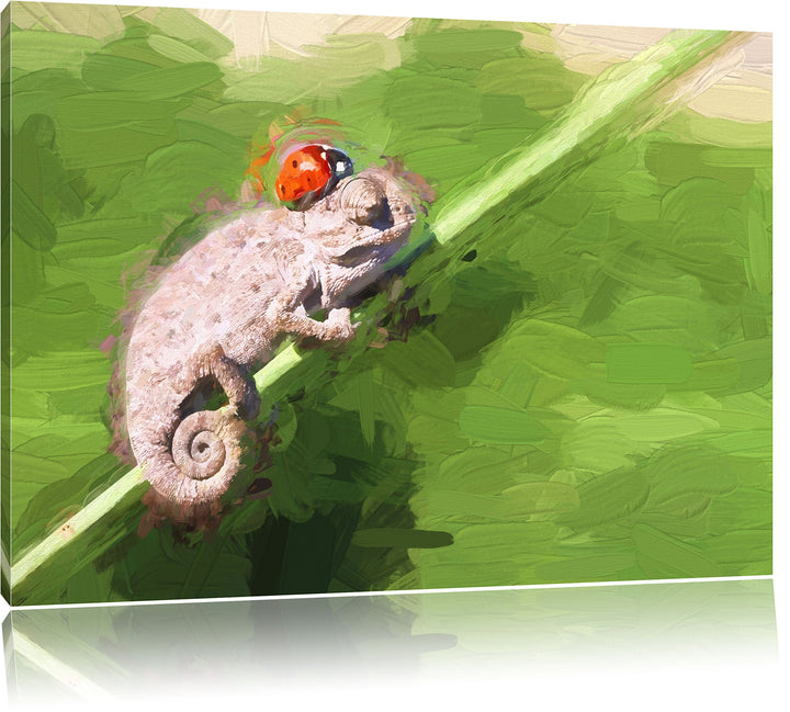Pixxprint Gecko mit einem Marienkäfer / 100x70cm Leinwandbild bespannt auf Holzrahmen/Wandbild Kunst