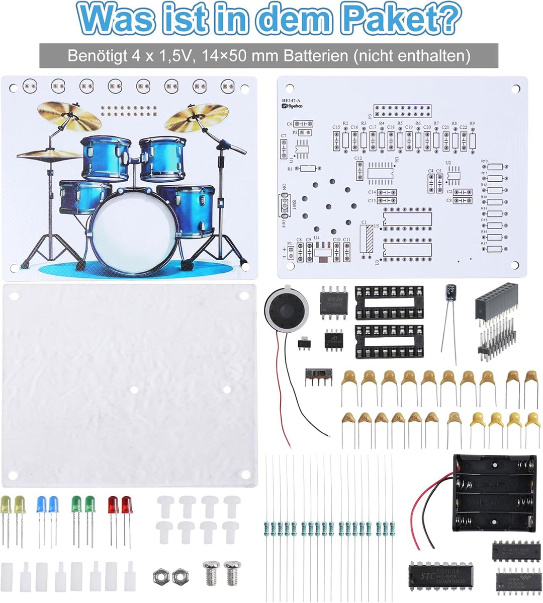 Elektronik Schlagzeug Lötbausatz mit Touch-Sensor, Sound- und LED-Effekten, DIY Drum Kit STEM Lernse