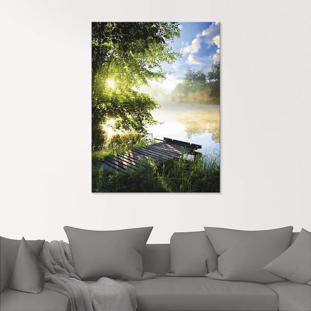 Glasbilder Wandbild Glas Bild einteilig 45x60 cm Hochformat Natur Landschaft Wald Baum See Steg Somm