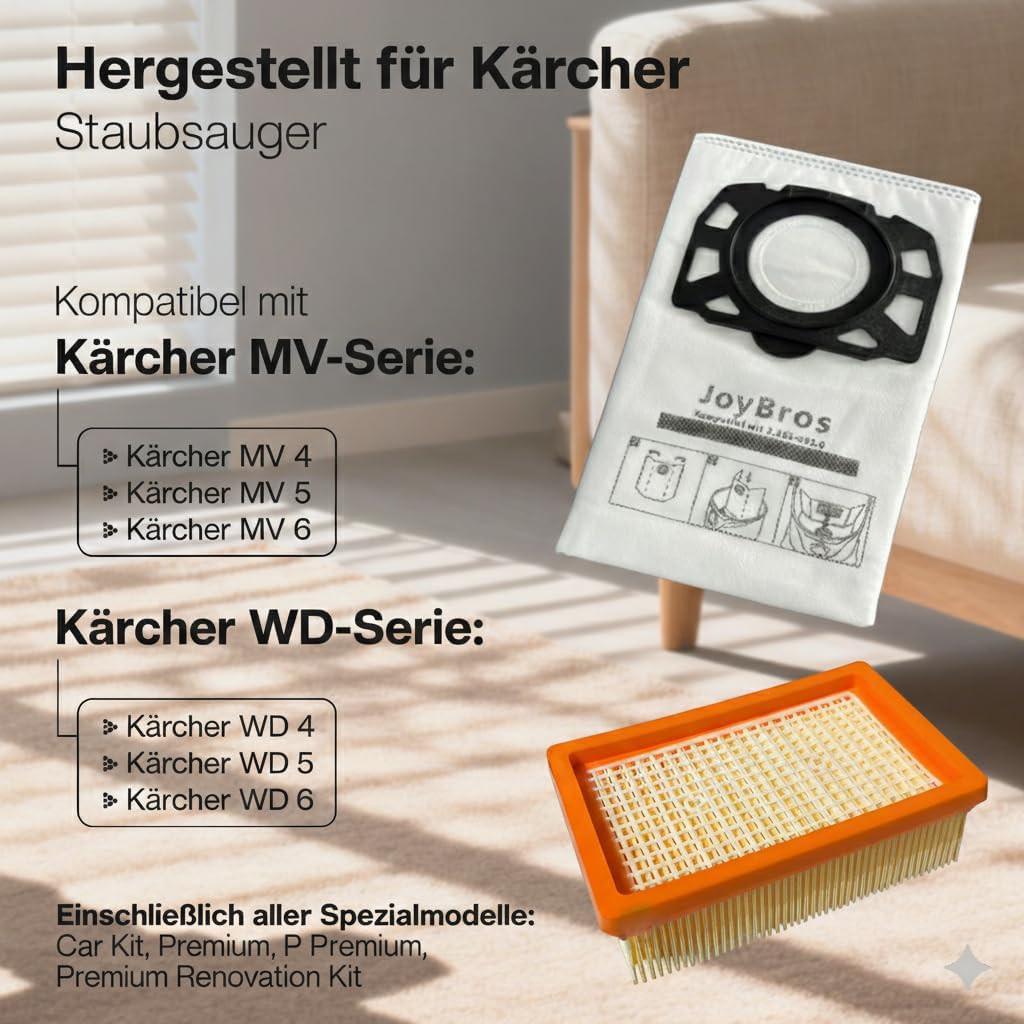 JoyBros 8 Staubsaugerbeutel 2 Filter für Kärcher wd4 wd5 wd6 p wd5p wd6p Premium 2.863-006.0 KFI 487