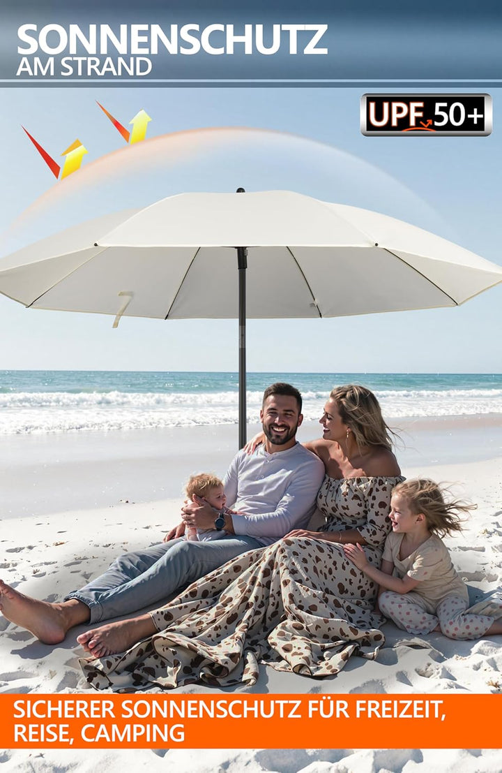 4smile Sonnenschirm Strand Ø 180 cm mit Hüll, Beige - UPF 50+ Strandschirm SunnyJoy, Strandschirm wi