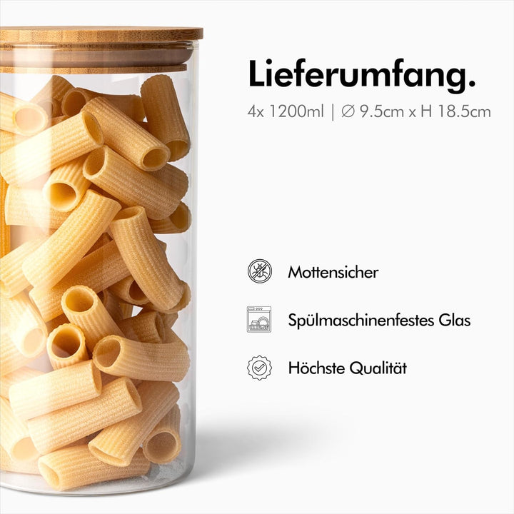 KIVY Vorratsdosen Glas Set [4 x 1200ml] – Hochwertige Glasbehälter mit Deckel aus nachhaltigem Bambu