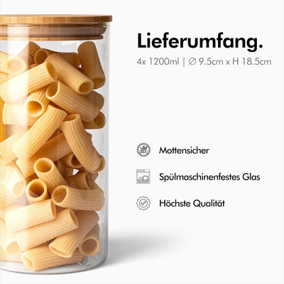 KIVY Vorratsdosen Glas Set [4 x 1200ml] – Hochwertige Glasbehälter mit Deckel aus nachhaltigem Bambu