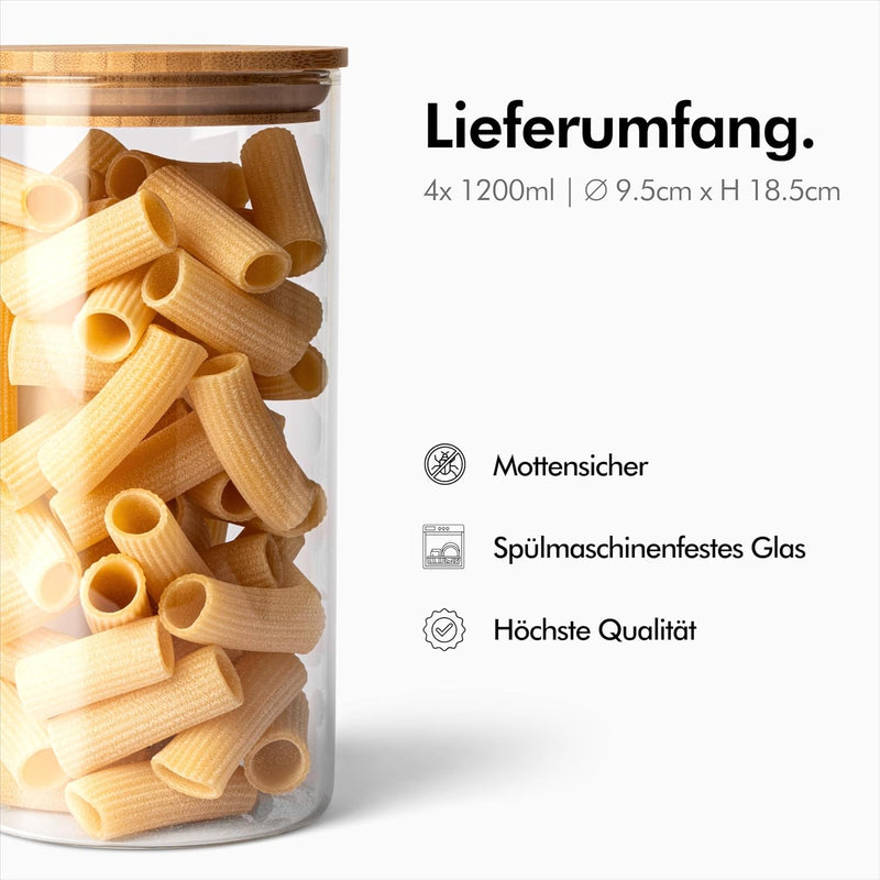 KIVY Vorratsdosen Glas Set [4 x 1200ml] – Hochwertige Glasbehälter mit Deckel aus nachhaltigem Bambu