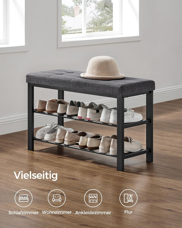 SONGMICS Schuhbank, Schuhregal mit 3 Ebenen, Schuhaufbewahrung, Sitz mit Schaumstoffpolsterung, Lein