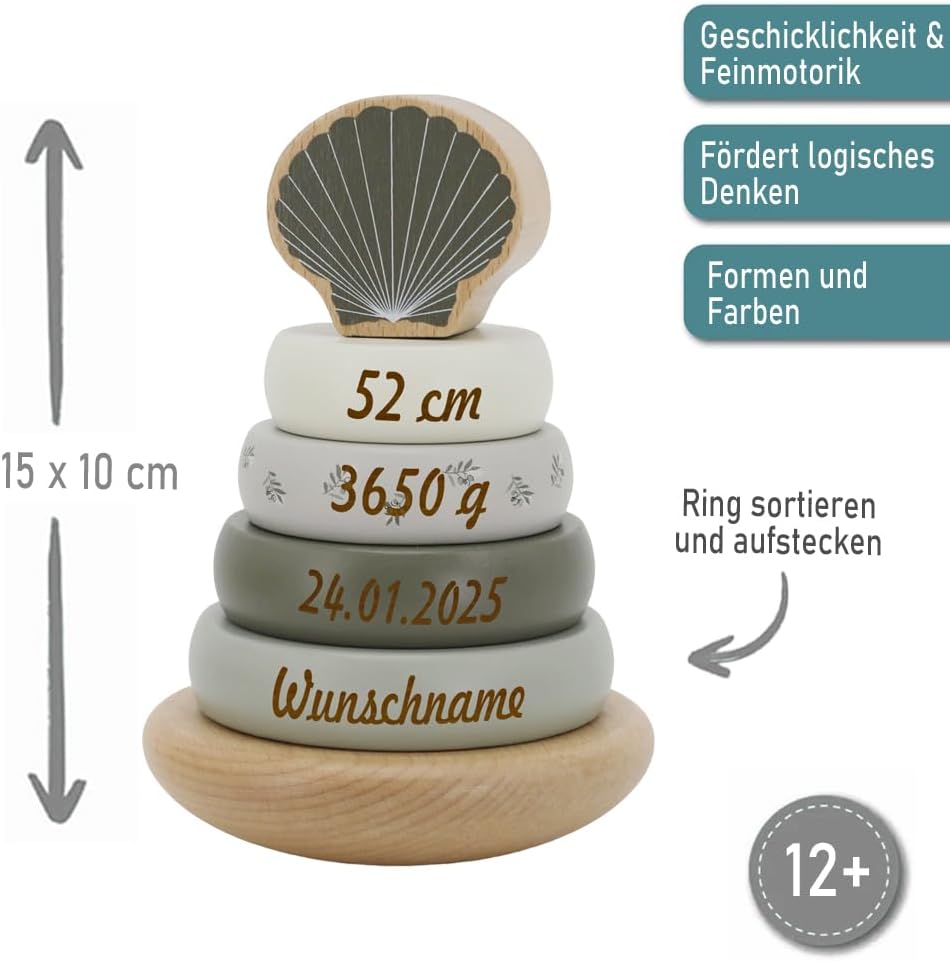 Elefantasie Stapelturm aus Holz personalisierbar mit Name und Datum Baby Geschenk mit Gravur (Oliv),