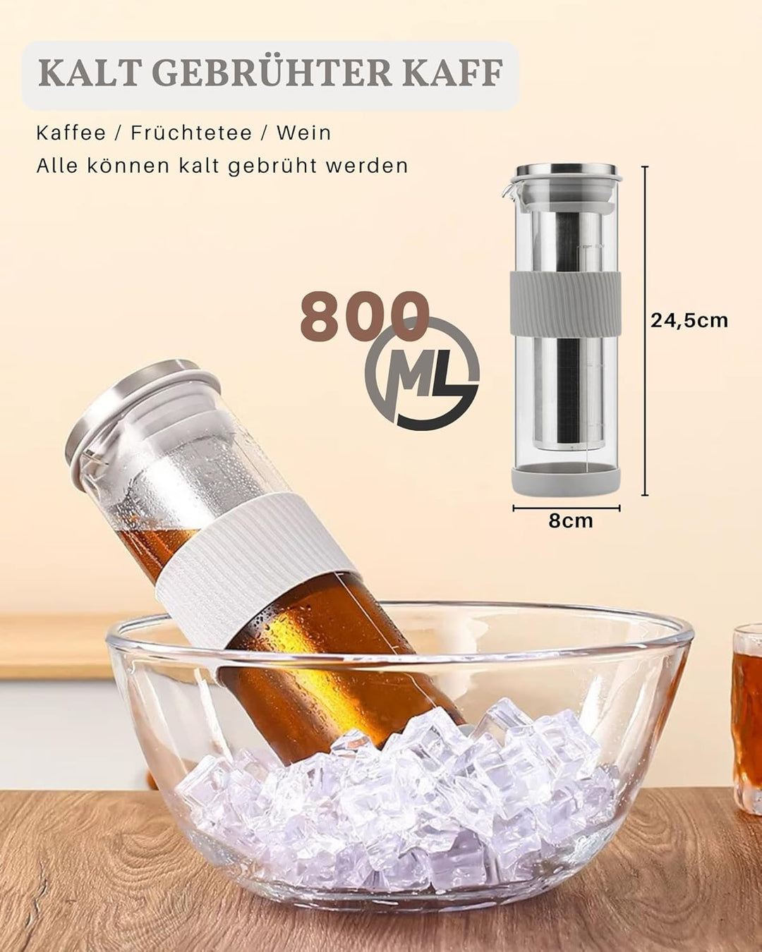 JanYoo Cold Brew Kaffeebereiter 800ml, Cold Brew Coffee Maker mit 304 Edelstahlfilter, Brühglas Kara