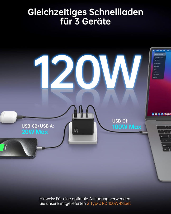 NOVOO 120W USB C Ladegerät GaN Ⅲ 3-Port USB C Netzteil Schnellladegerät mit 2 PD 100W Typ-C-Kabeln W