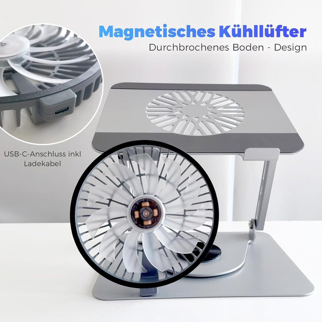 Laptop Ständer aus Aluminium, 360° Drehbar, Faltbar, mit Magnetischem Lüfter für Kühlung, Kompatibel