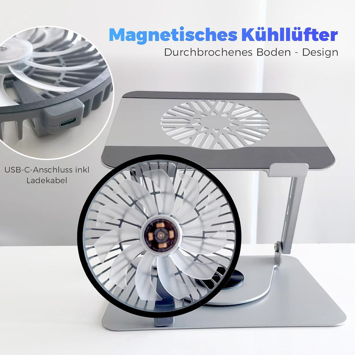 Laptop Ständer aus Aluminium, 360° Drehbar, Faltbar, mit Magnetischem Lüfter für Kühlung, Kompatibel