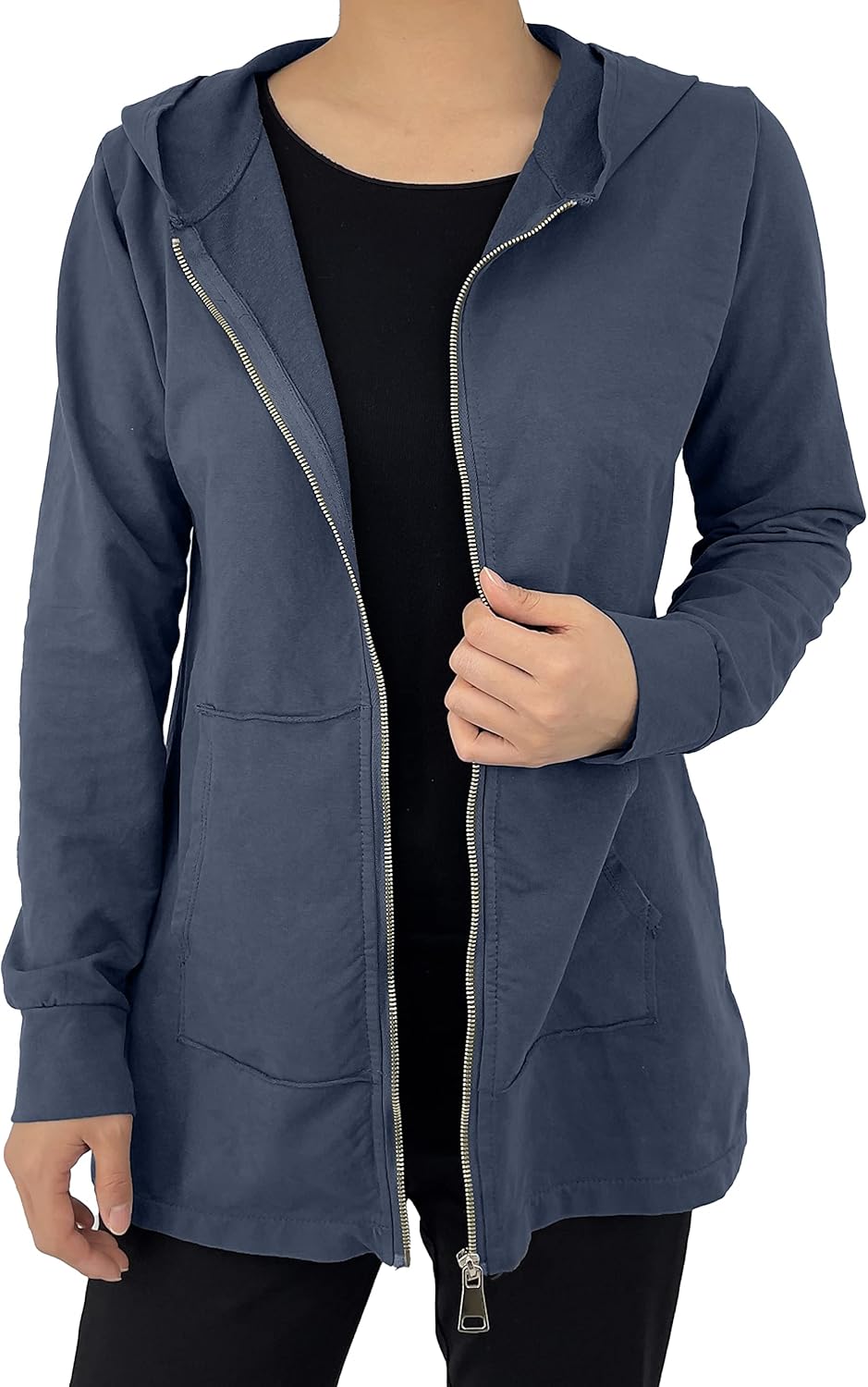 JOPHY & CO. Langes Sweatshirt für Frauen mit Kapuze, Reissverschluss und Taschen (cod. 9047) M Blau,