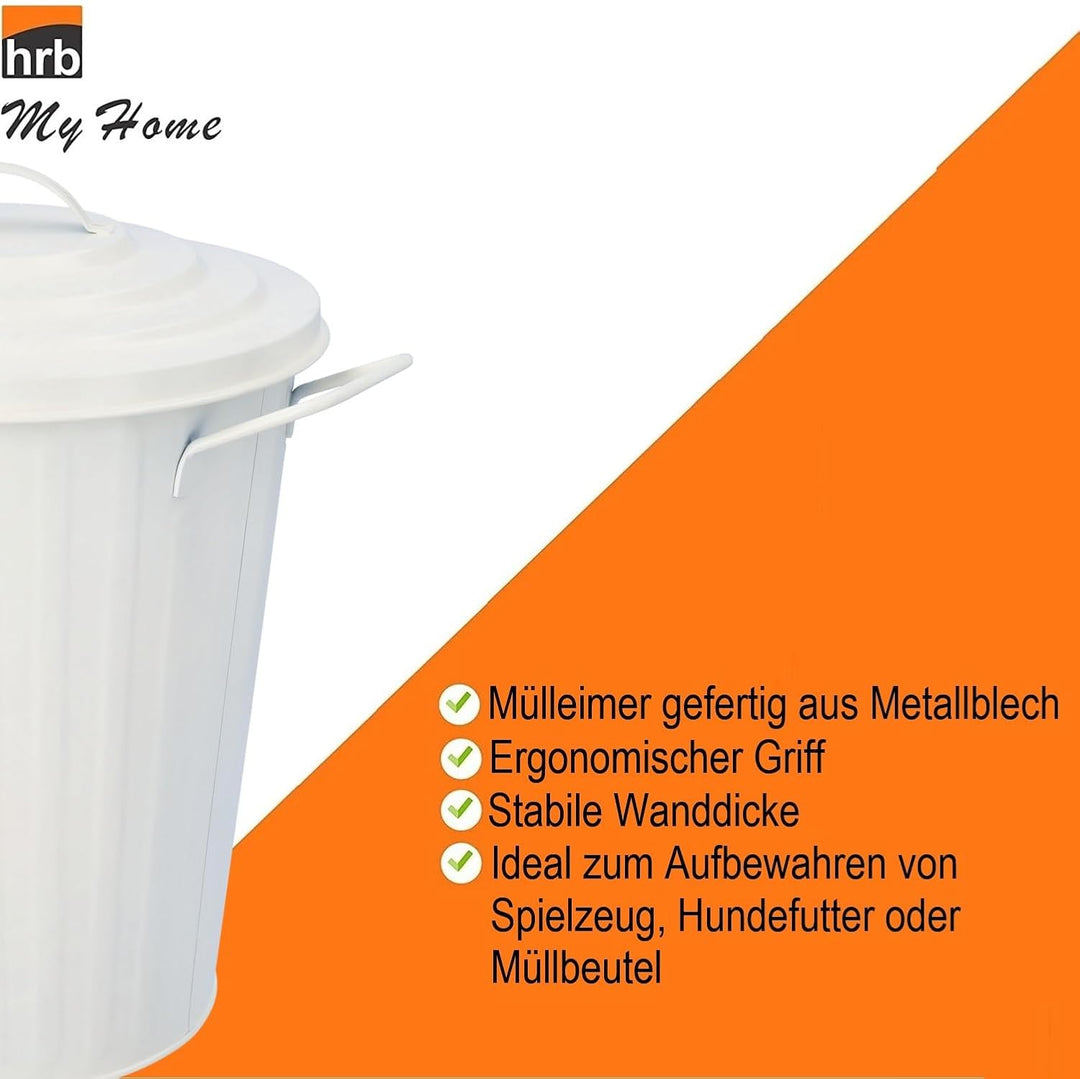 HRB Mülleimer Zink weiss, 38 Liter, Vintage Design, sehr stabil mit Deckel- geeignet als Mülleimer K