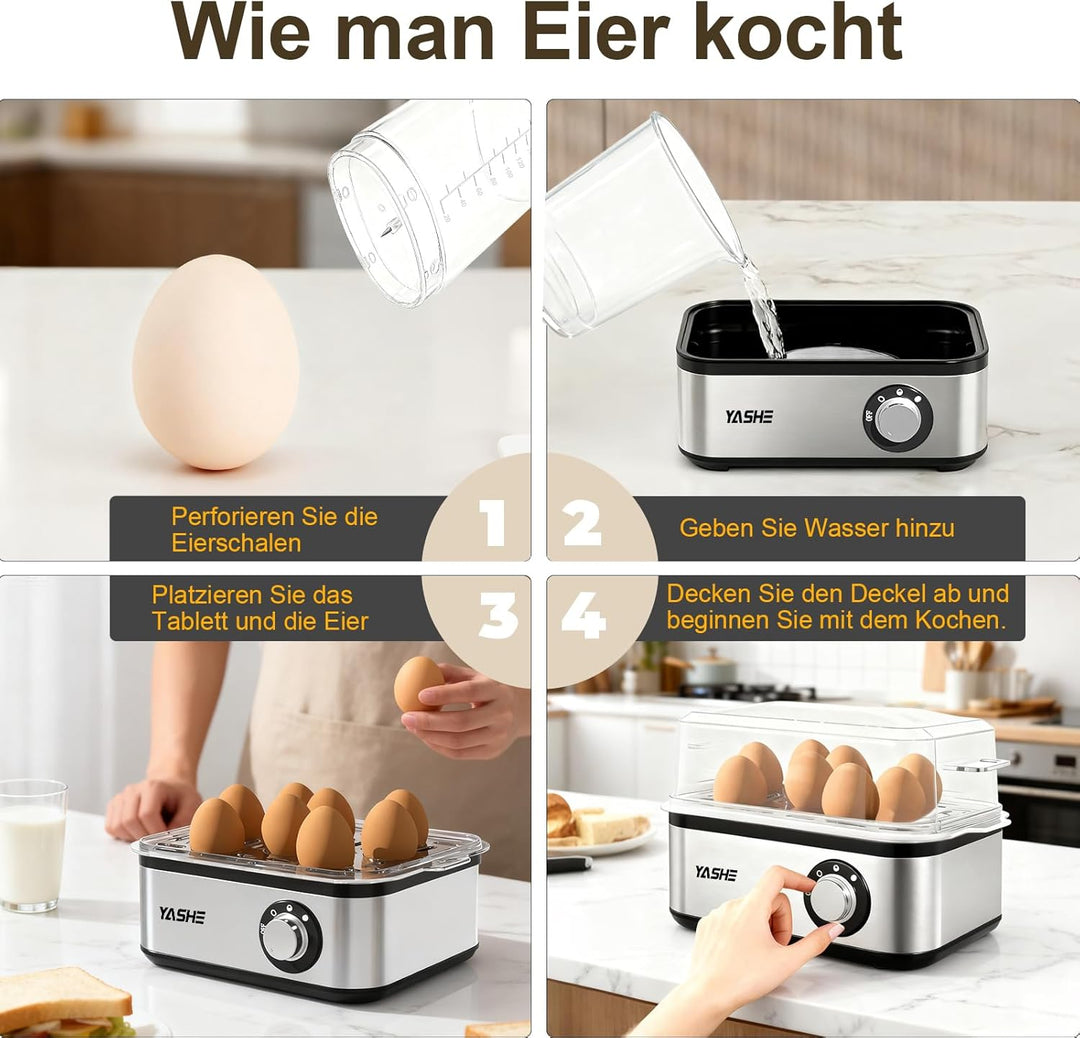 YASHE Eierkocher, Edelstahl-Elektro-Eierkocher für 8 Eier für weich, mittel und hart gekochte Eier,