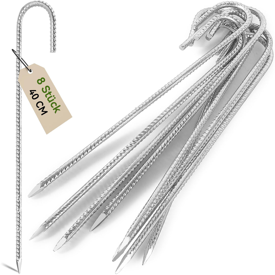 8 Stück 40cm Schwere Trampolin-Zeltanker-Bodennägel - Rostfrei Verzinkter Stahl J-Haken-Rebar-Pfähle