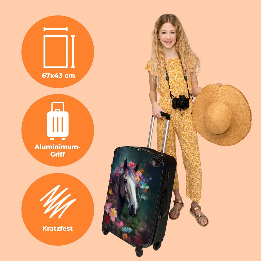 NoBoringSuitcases.com® Koffer gross Trolley Rollkoffer Reisekoffer mit 4 Rollen Fotokoffer - Pferd -