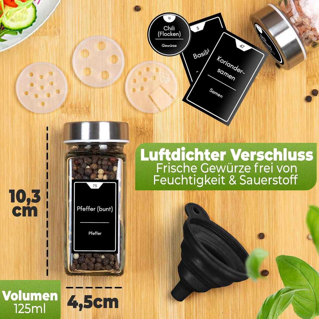Gewürzgläser eckig [36 x 125ml], Luftdichte Gewürzgläser mit Streueinsatz + 248 wasserfeste Gewürzet