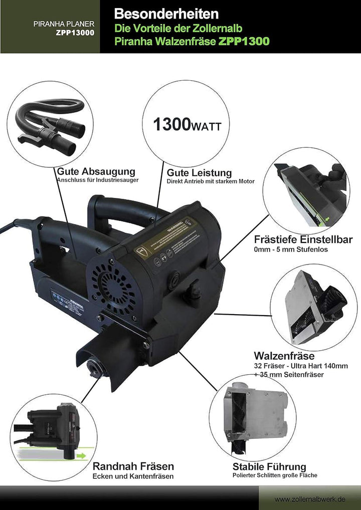 Piranha ZPP1300 Walzenfräse – 1300W Sanierungsfräse | Wandfräse, Putzfräse, Planfräse, Wandhobel | P