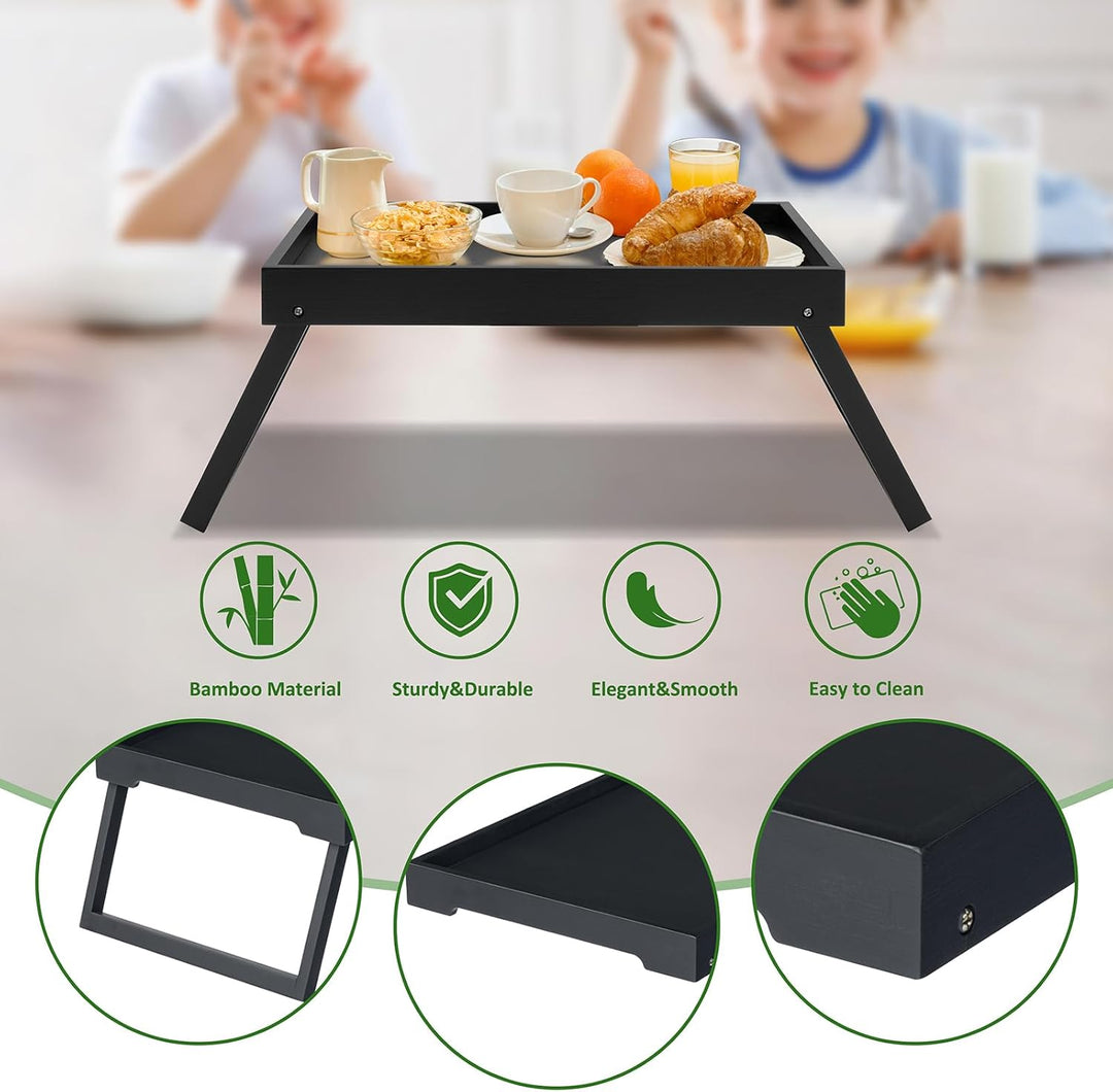 Bambus-Bettlade mit klappbaren Beinen, Frühstückslade (schwarz) | Laptop-Schreibtisch mit Klappbeine