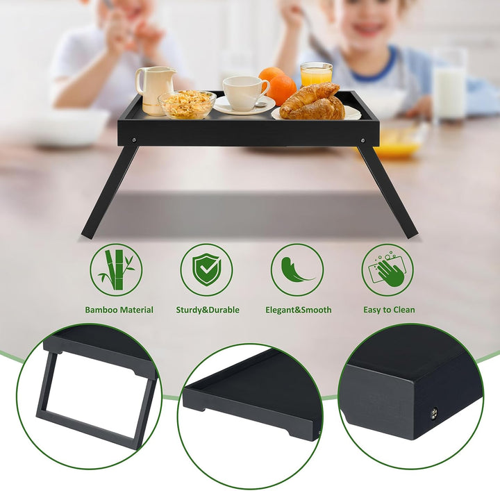 Bambus-Bettlade mit klappbaren Beinen, Frühstückslade (schwarz) | Laptop-Schreibtisch mit Klappbeine